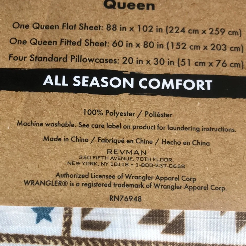 Wrangler QUEEN 6 pc sheet set White & Brown Western Print
